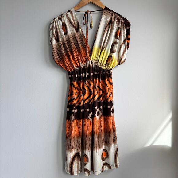 Y2K Trac USA Orange Multi Print V Neck Dress Ruched Stretchy Tie Back Size Small - Picture 3 of 6